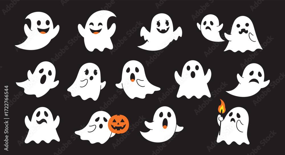 Obraz premium A collection of various cartoon ghosts celebrating Halloween with spooky expressions and props.
