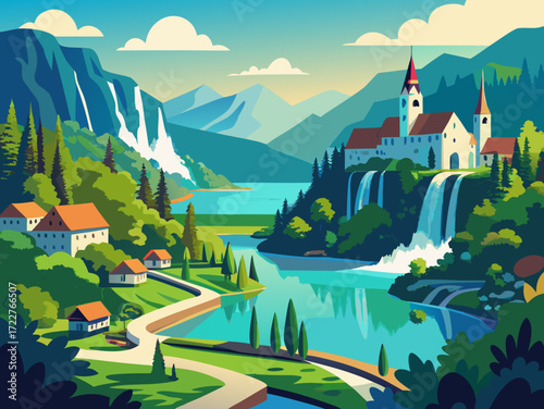 Plitvice Lakes Croatia nature landscape vector illustration
