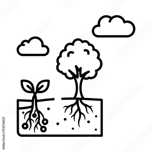 A simplified illustration depicting the growth stages of a plant, from a seedling with developing roots to a mature tree with an extensive root system, set a...