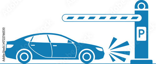 Car approaching a barrier gate at a parking lot entrance, indicating entry or exit.