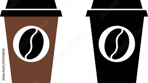 Two disposable coffee cups, one brown and one black, with a white coffee bean logo, isolated on white background.