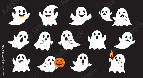 A collection of various cartoon ghosts celebrating Halloween with spooky expressions and props.