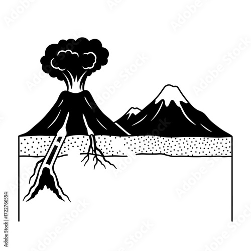 A black and white diagram showing a cross-section of an erupting volcano with a magma chamber and a dormant one nearby.