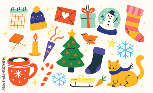 Flat vector illustration stickers set of cute New Year and Christmas items. Decorated tree, snow globe. cozy cat, winter hat, hot cocoa mug, stockings, sleg, snowflakes, gifts, envelopes and candle