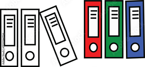 Illustration of several colorful ring binders standing and leaning against each other on a white background