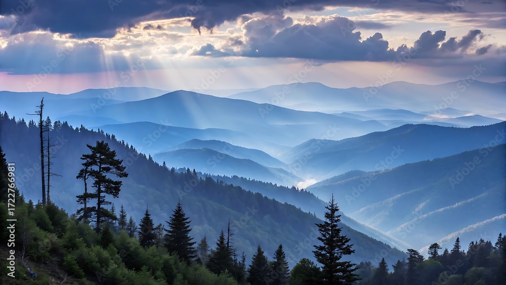 Obraz premium Majestic mountain ranges bathed in ethereal blue hues, with sunbeams piercing through dramatic clouds and evergreen trees dotting the rolling hills below.