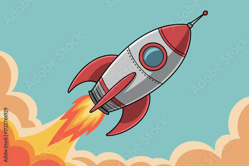Retro rocket ship blasting off into a cloudy sky with fiery exhaust