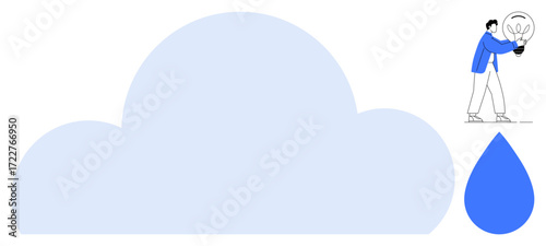 Person holding light bulb near large cloud and water drop, symbolizing creative ideas, environmental solutions, resource management, technology, renewable energy, teamwork, and sustainable growth. A