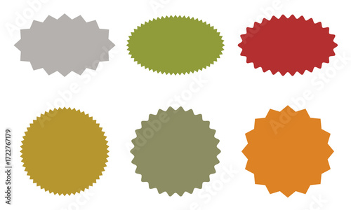 Price vintage label icon . Set of six colorful blank badge shapes with jagged edges, ideal for labels, stickers, discounts, or promotional design elements.
