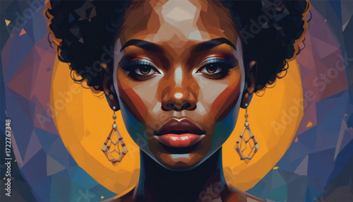 Low-poly geometric vector of African woman's face with bold shapes and contrast, Ai generate 