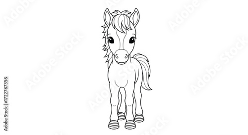 A charming little horse stands ready for its coloring book adventure bringing joy and creativity to young artists.