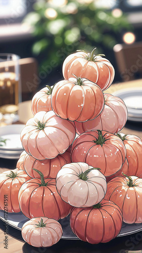 a pastel-colored pumpkin pile on a home dining table, showcasing shiny white interiors and vibrant pink or peach exteriors, with a softly out-of-focus background 