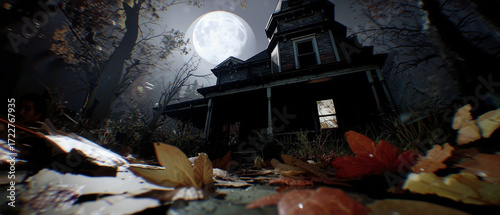 film still of a dilapidated Victorian-era mansion against a pale, oversized moon, with decaying autumn leaves and a tattered invitation in the foreground