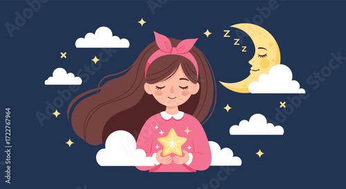 A gentle girl holding a bright star under the sleeping moon and starry night sky.