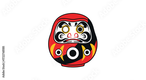 Japanese Daruma doll symbolizing perseverance and good luck featuring bold red and black colors with distinctive facial features.
