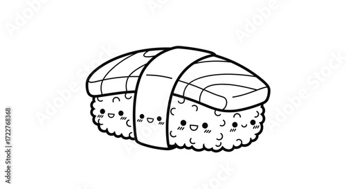 A cute and adorable cartoon drawing of a salmon sushi nigiri with a happy smiling face.
