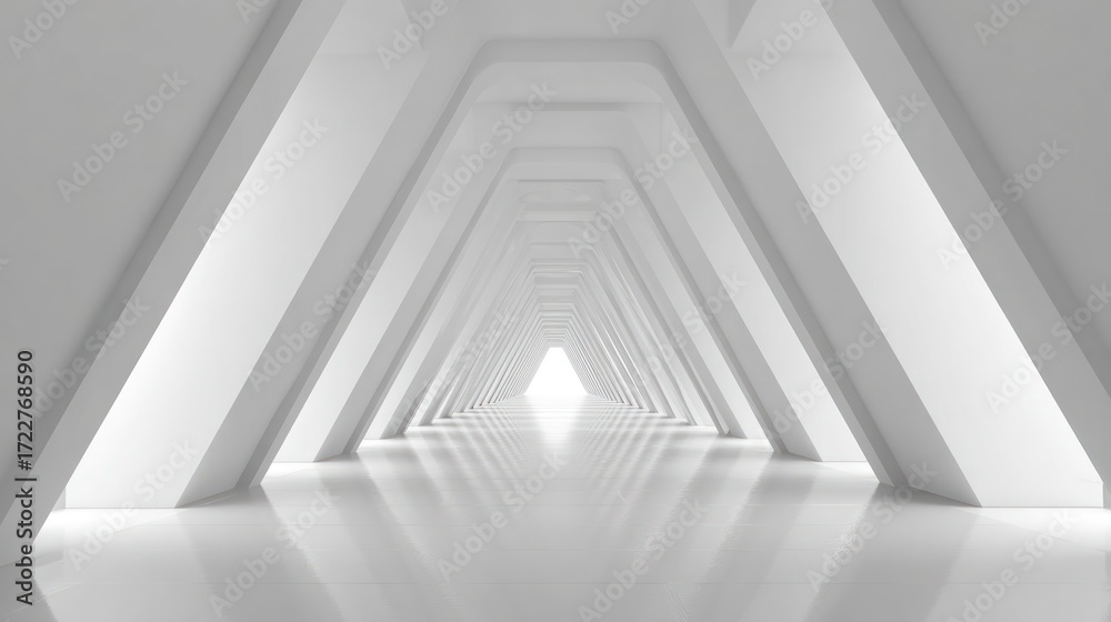 Obraz premium A pristine white hallway with geometric framing converges to a bright point in distance
