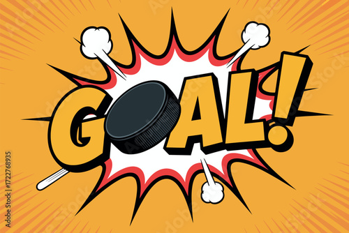 Exciting hockey goal celebration with puck and impact lines