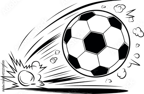Dynamic soccer ball in mid-air with motion blur and impact lines, conveying speed and action.