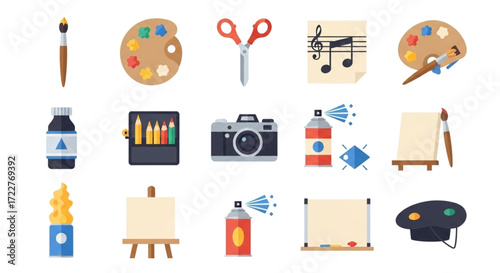 Artistic supplies icon set for creative inspiration and hobbyists