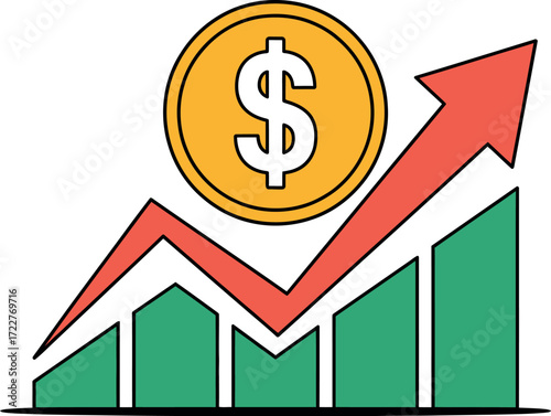 Financial growth represented by an upward trending graph and a golden dollar coin.