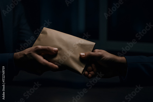 Hands exchanging envelope in dark room showing secret payment concept for corruption bribery illegal transaction financial misconduct concealment business crime hidden money exchange under low light a