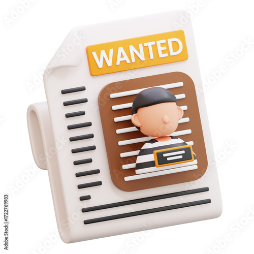 Vivid 3D illustration of a wanted poster, clearly showing a stylized individual in a striped uniform, signifying a search or capture for legal purposes