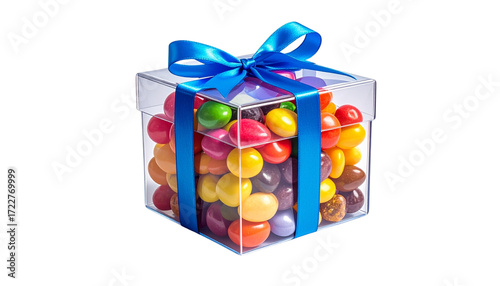 Transparent gift box filled with colorful candies and blue ribbon
