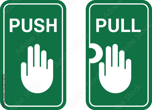 Clear push and pull door signs with hand icons, indicating direction for entry and exit.