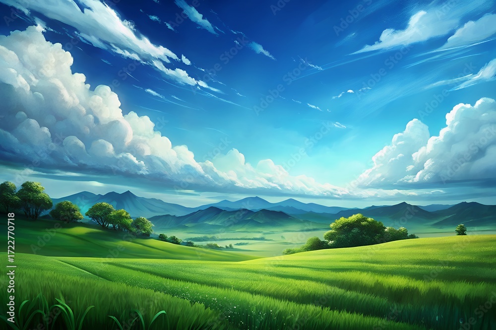 Obraz premium Vast green landscape under a dramatic blue sky