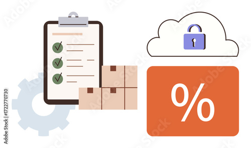 Clipboard with checklist, gear, stacked packages, cloud with lock, and percentage sign. Ideal for supply chain, retail, logistics discounts e-commerce security productivity. Simple flat metaphor