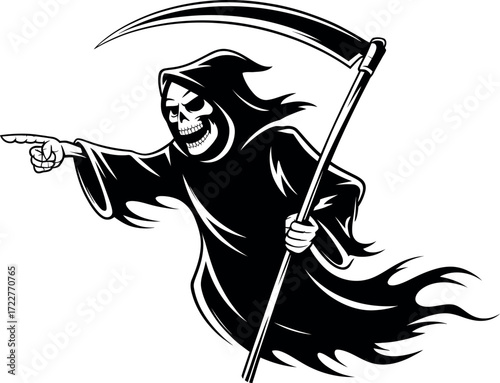 Spooky grim reaper pointing forward with a menacing grin, holding a scythe.