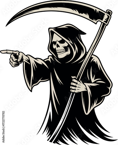 Spooky grim reaper pointing with a scythe, symbolizing death and destiny.