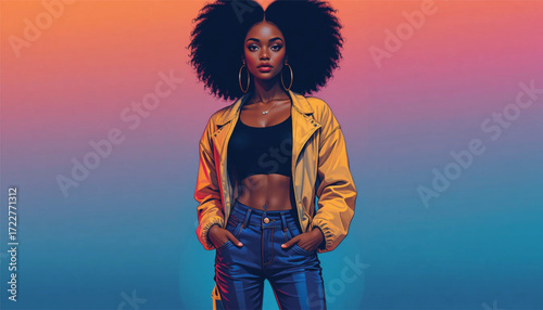Vector fashion illustration of a stylish African woman in modern streetwear, gradient flat design, AI Generate 