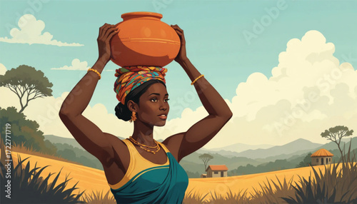 Flat vector of an African woman carrying a clay pot on her head, traditional lifestyle concept, AI Generate 