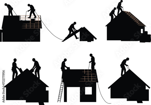 silhouette roofer workers roof construction building house safety ladder teamwork tools repair installation industrial job architecture contractor engineering renovation project