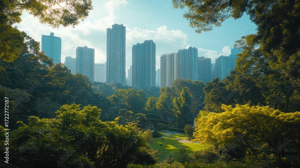 Fototapeta premium Cityscape park view, sunny day, Hong Kong, tranquil