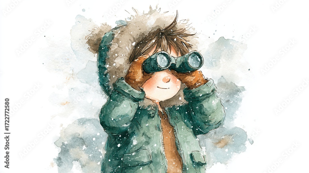 Naklejka premium A cheerful child in winter attire gazes through binoculars, immersed in a snowy landscape, evoking a sense of adventure and wonder.