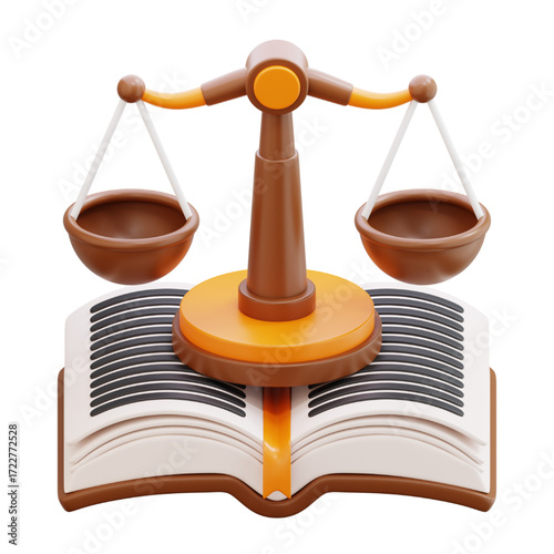 3D illustration of a legal scale balanced on an open book symbolizing justice, law, and wisdom, representing legal proceedings and judicial decisions