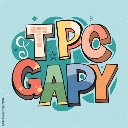 Playful tpc gapy text graphic with colorful letters and cloud shapes for branding and design