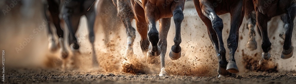 Obraz premium A dynamic close-up of galloping horses kicking up dust, showcasing their powerful legs and energy in motion.