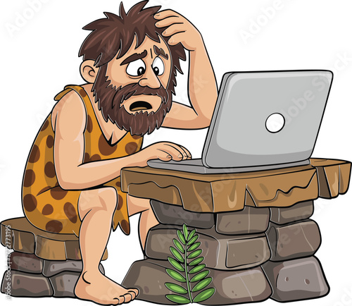 Cartoon caveman using laptop confused sitting stone desk prehistoric funny character illustration, modern technology humor, cad drawing flat vector illustration