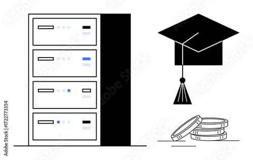 Server stack with graduation cap and coins, combining technology, education, and financial themes. Ideal for learning, innovation, investment, database, digital transformation savings simple flat