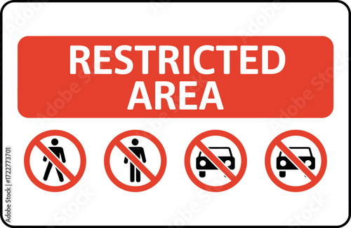 Bright red sign clearly indicates a restricted area with symbols prohibiting entry for pedestrians and vehicles.