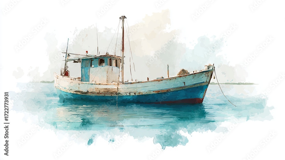 Fototapeta premium A watercolor illustration of a vintage fishing boat floating peacefully on calm waters.