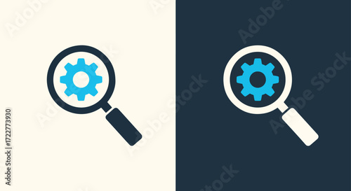 Magnifying glass over gear icon symbolizing search and technical solutions