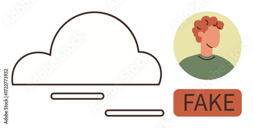 Cloud with thin lines, profile avatar of a person, and highlighted fake label. Ideal for identity security, social media, online safety, verification process, AI detection, cyber fraud simple flat