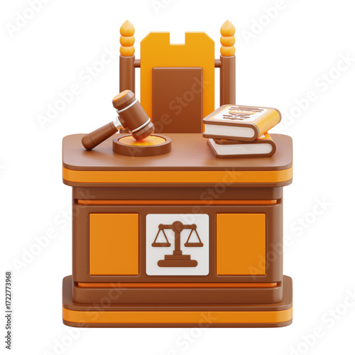 3D Model of Judge's Gavel, Books, and Scales of Justice on a Wooden Desk