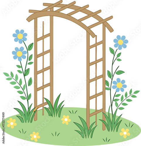 Vector art of wooden garden archway with climbing plants and flowers