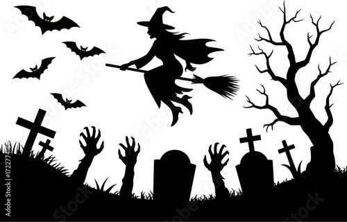Spooky silhouette of a witch flying on a broomstick over a haunted graveyard with zombie hands rising from graves at night.